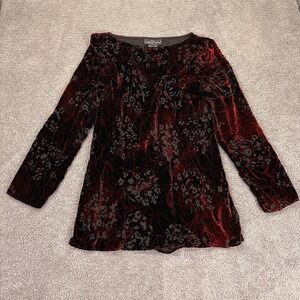 VTG Carole Little Top 10 Black Red Burnout Velvet Floral Witchy Whimsigoth Goth
